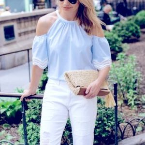 Ann Taylor Cold Shoulder Striped Top Large Petite